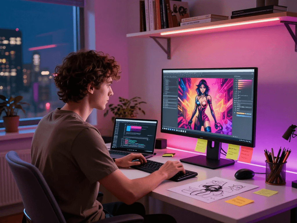 Workspace focused on NSFW content creation with modern tech, vibrant atmosphere, and creative elements.